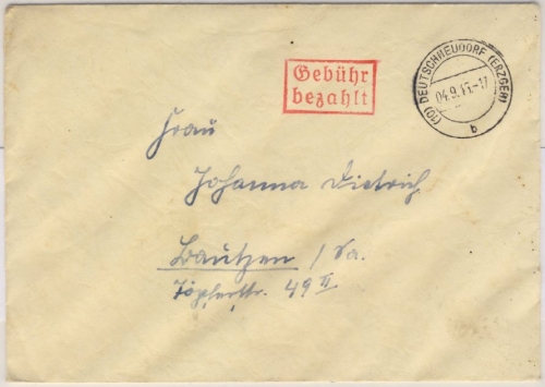 Kontrollrat - Deutschneudorf (Erzgebirge) 4.9.45 Gebühr bezahlt Brief n. Bautzen