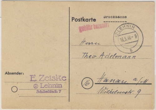 Kontrollrat - (2) Lehnin 18.5.46 Gebühr bezahlt L1 Drucksache n. Hanau 1946