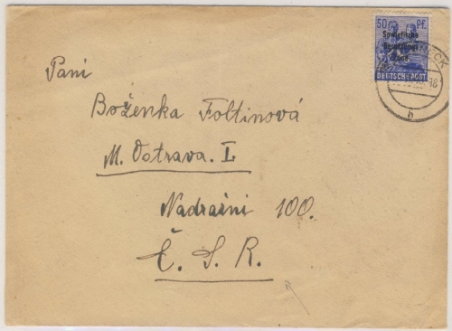 SBZ - 50 Pfg. Arbeiter/Überdruck Brief i.d. CSSR Pößneck - Mähr. Ostrau 1948