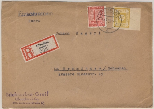 SBZ/Ostsachsen - 30 Pfg. Randstück u.a. Einschreibebrief Glauchau 5.2.46 n.