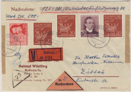DDR - 3x20 Pfg. Olympiade Melbourne u.a. Nachnahme Wertbrief Roßwein Zittau 1956