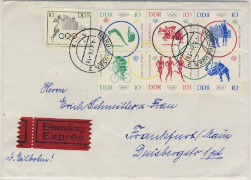 DDR - Olympiade Tokio 6er-Block u.a. Eilbrief Nordhausen - Frankfurt/Main 1964