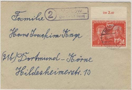 DDR - 24 Pfg. Pieck/Stalin Oberrand Brief Landpost (2) Vehlow ü. Neustadt 1951