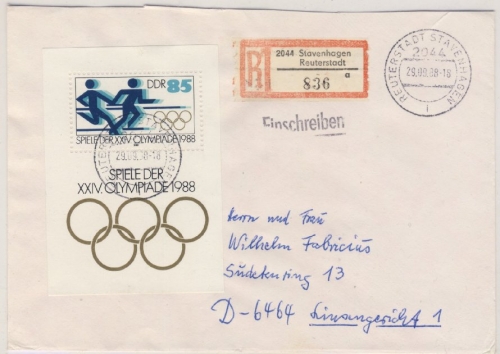 DDR - Olympiade 1988 Blockausgabe Einschreibebrief Stavenhagen Reuterstadt