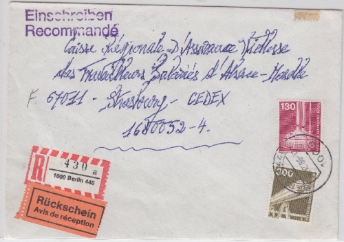 Berlin - 300+130 Pfg. I&T Einschreiben RÜCKSCHEIN n. FRANKREICH Berlin 440 1986