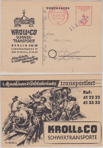 Berlin - Berlin SW11 1954 Illustrierte Firmendrucksache Kroll Schwertransporte