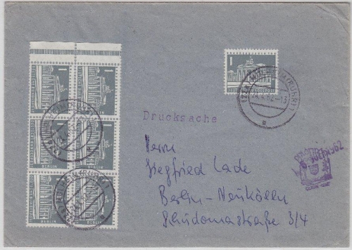 Berlin - 7x1 Pfg. Stadtbilder (6er-Block u.a.) Drucksackenbrief Mülheim 1962