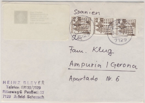 BRD - 3x40 Pfg. Burgen & Schlösser Brief n. SPANIEN, Ilsfeld 1985