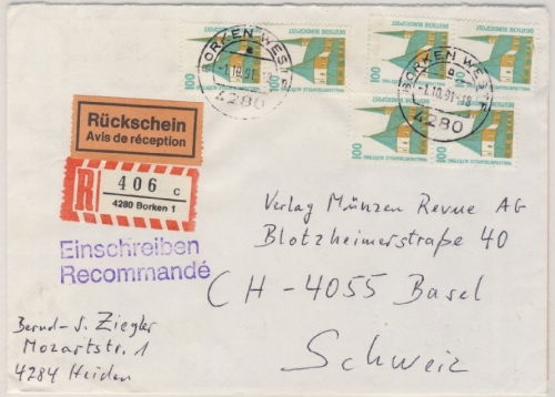 BRD - 10 Mark Tarif SWK Luftpost Einschreiben Rückschein n. USA, Bovenden 1994