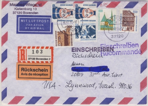 BRD - 6x100 Pfg. SWK Einschreibebrief Rückschein i.d. SCHWEIZ Borken 1991