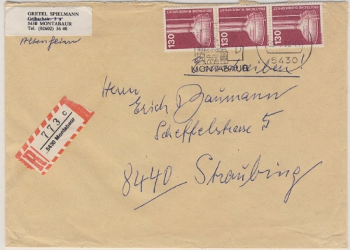 BRD - 3x130 Pfg. Industrie & Technik Einschreibebrief Montabaur - Straubing 1988