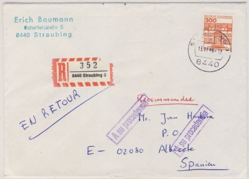 BRD - 300 Pfg. Burgen & Schlösser Einschreibebrief n. SPANIEN, Straubing 1986