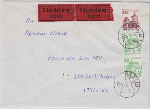 Berlin - 210+2x50 Pfg. Burgen & Schlösser Eilbrief n. ITALIEN 1981