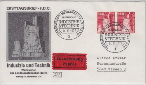 Berlin - 2x140 Pfg. I&T Paar Eilbrief Schmuck-FDC ESST 1975 2. Gewichtsstufe !