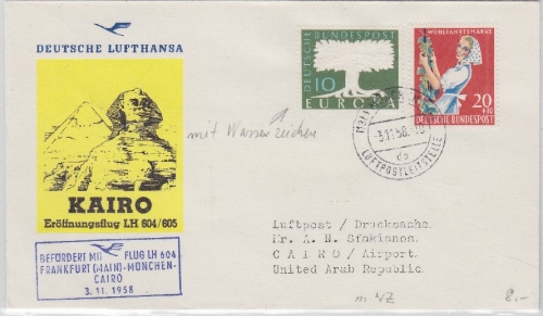 BRD - Lufthansa LH-1st-Flug LH 604 Luftpostbrief München - Cairo 1958