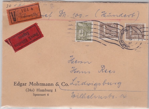 Berlin - 2x60+50 Pfg. Stadtbilder Wertbrief Eilboten Hamburg - Ludwigsburg 1959