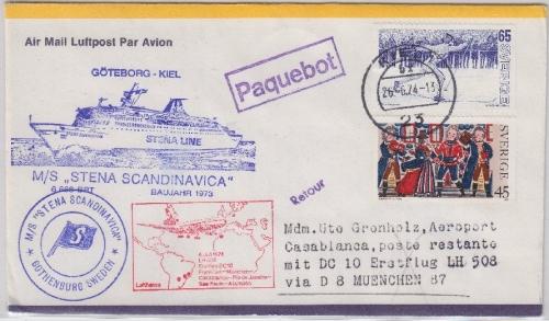 Schweden - Lufthansa 1st-Flug München - Casablanca 1974 Zuleitung Schiffspost