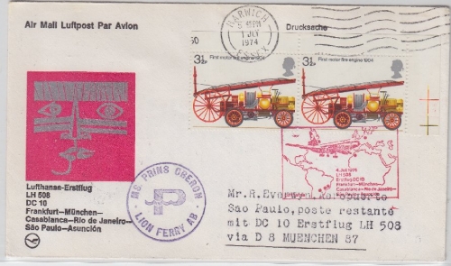 England - Lufthansa 1st-Flug München - Sao Paulo 1974 Zuleitungspost Schiffspost