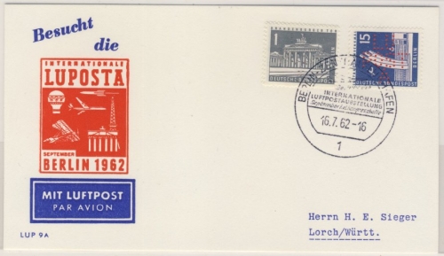 Berlin - LUPOSTA 1962 Schmuck-Luftpostbrief SST Berlin - Lorch Marken Perfin