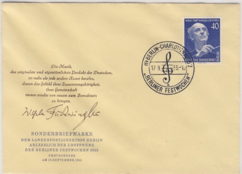Berlin - 40 Pfg. Furtwängler amtlicher Schmuck-FDC + ESST 17.9.55