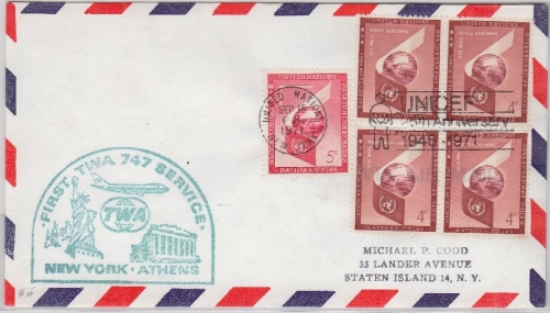 UNO New York - Zuleitungspost TWA 1st 747 Service New York - Athen 1971 airmail