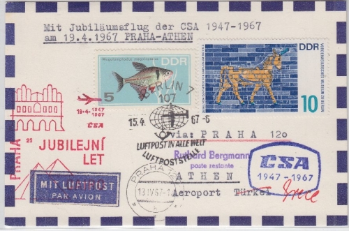 DDR - Zuleitungspost CSA Jubiläumsflug Prag - Athen Luftpostkarte 1967
