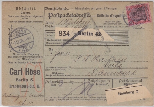 DR - 80 Pfg. Germania o.Wz. Paketkarte n. DÄNEMARK (Veile) Berlin S42 - 1904