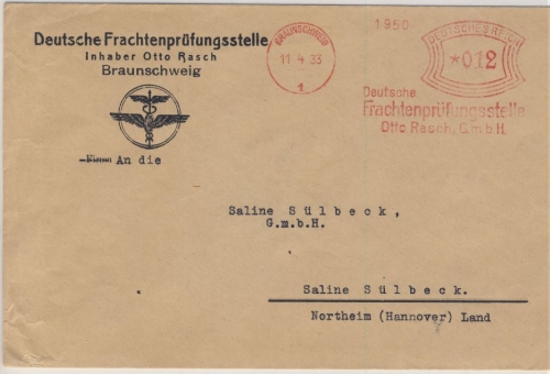 DR - 12 Pfg. AFS Dt. Frachtenprüfungsstelle Rasch Gmb Braunschweig 1933