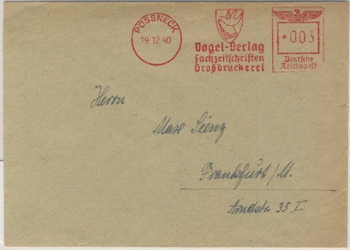 DR - 3 Pfg. Absenderfreistempel Vogel-Verlag Drucksache Pössneck Frankfurt 1940