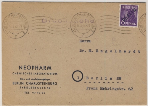 Berlin - 6 Pfg. Schwarzaufdruck Ortsdrucksache Charlottenburg 1949