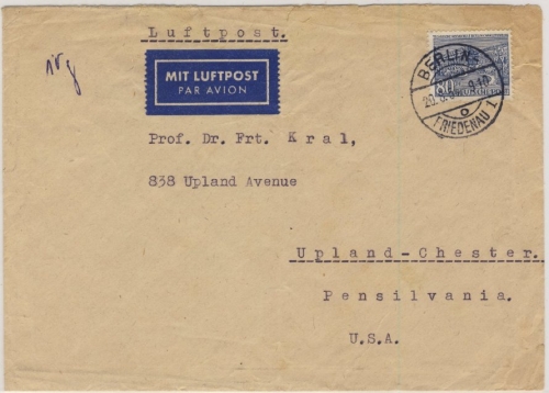 Berlin - 80 Pfg. Bauten I Luftpostbrief (Zone 2 6-10g) n USA Friedenau 20.8.1954