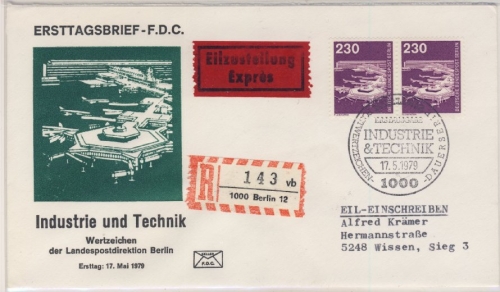 Berlin - 230 Pfg. I&T Paar Eilboten Einschreiben Schmuck-FDC ESST n. Wissen 1979