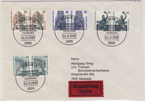 Berlin - 80+60+50+30 Pfg. SWK PAARE !! Eilbrief FDC ESST 1987 nach Heubach