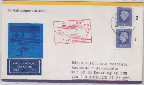 Niederlande - Lufthansa 1st-Flug München - Asuncion Zuleitungspost 1974