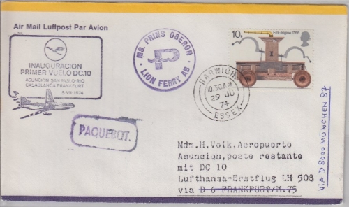 England - Lufthansa 1st-Flug Frankfurt -Asuncion Zuleitungspost Schiffspost 1974