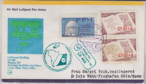 Chile - Lufthansa 1st-Flug Santjago de Chile - Köln 1974 Ankunftsstempel !!!