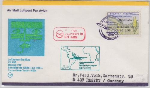 Peru - Lufthansa 1st-Flug Lima - Köln Luftpostbrief 1974