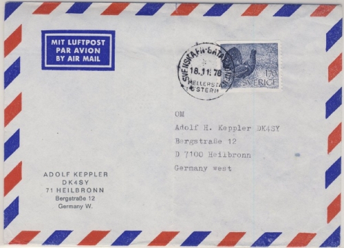 Schweden Svenska FN-Bataljonen Hellersta Östern Luftpostbrief n. Heilbronn 1978
