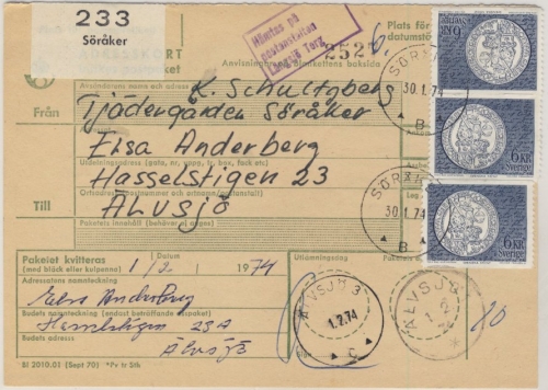 Schweden - 3x6 Kr. Freimarke Salvatortaler Paketkarte Söraker - Älvsjö 1974