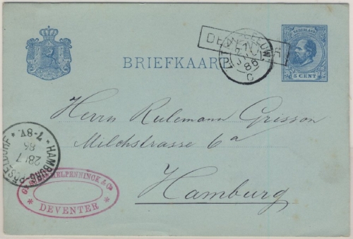 Niederlande - Deventer Stations-Ra1 Bahnpost Zutph-Leeuw 5 C. Ganzsache 1886 n.