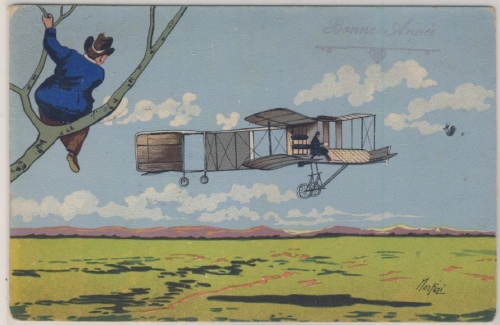 Schweiz - Neujahr farbige Glückwunschkarte Flugzeugmotiv Doppeldecker 1917