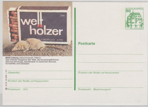 BRD - 50 Pfg. B&S Bildganzsache Coburg Naturmuseum ungebraucht Maus Zündhölzer