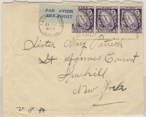 Irland - 3x5 P. Schwert Luftpostbrief n. USA Luimneach - New York 1946