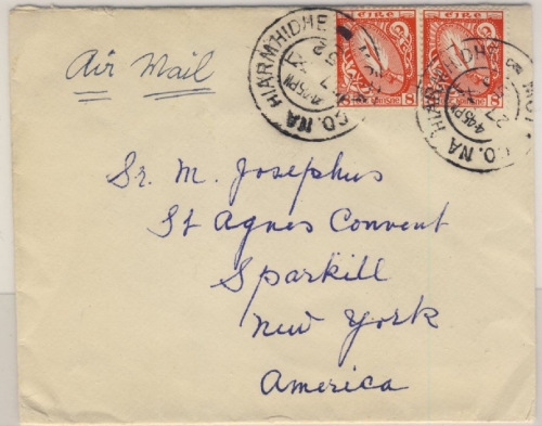 Irland - 2x8 Pg. Schwert Luftpostbrief n. USA Hiarmhidhe - New York 1952