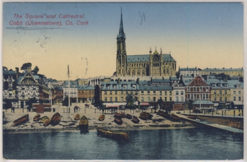 Irland - Cobh Queenstown The Square & Cathedral farb Ansichtskarte gelaufen 1935