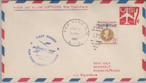 USA - Lufthansa 1st-Flug New York - Köln Ganzsache m. Zusatzfrankatur 1961