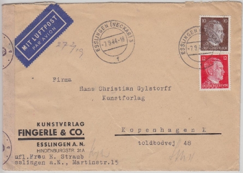 DR - 10+12 Pfg AH Luftpostbrief Europatarif n DÄNEMARK Esslingen Kopenhagen 1944