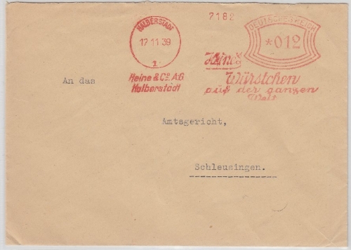 DR - 12 Pfg. AFS Heine Würstchen Brief Halberstadt Schleusingen 1939