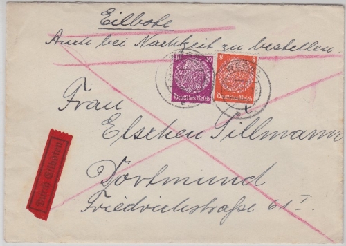 DR - 40+8 Pfg. Hindenburg unterfrankierter Eilbrief Wesel - Dortmund 1937