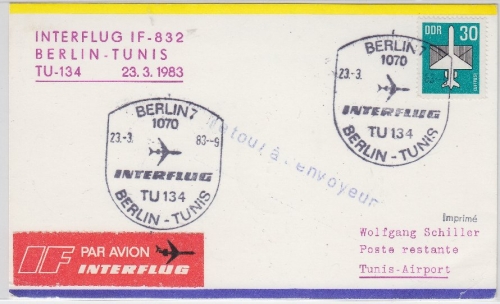 DDR - Interflug 1st-Flug/TU134 Berlin - Tunis Luftpostkarte 1983 IF832